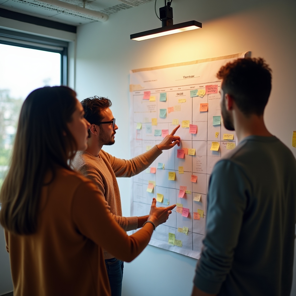 Equipo organizando un calendario de contenidos con notas adhesivas en una pared